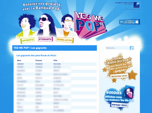 La page de communication des gagnants au jeu "Yes We Pop" de la Banque Populaire de l'Ouest