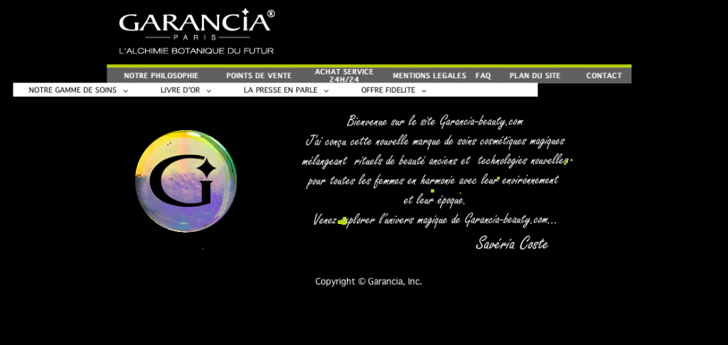 Capture du site web de Garancia, cosmétiques