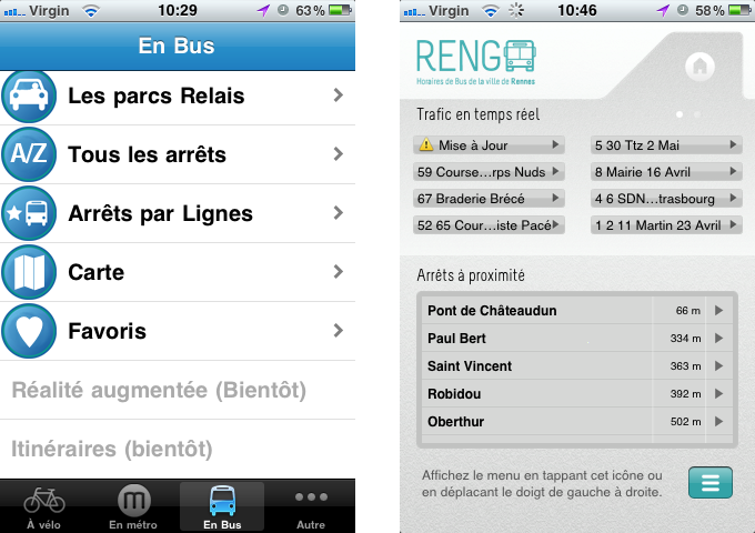 Les deux écrans d'accueil de Mobil'Rennes (à gauche) et Rengo (à droite)