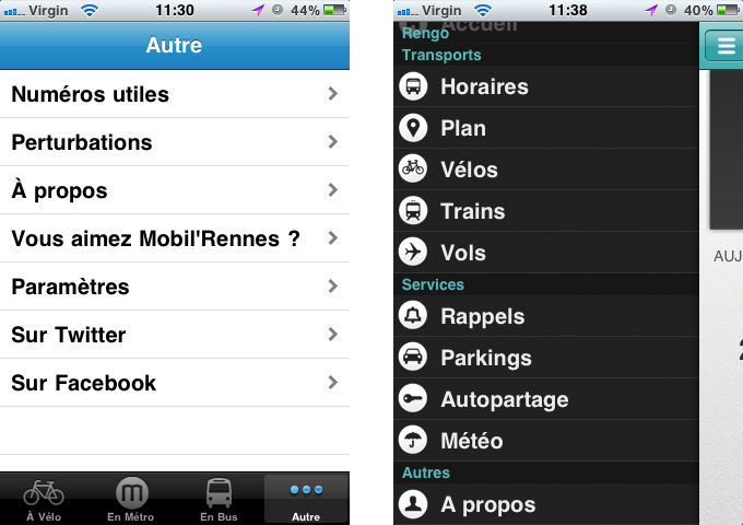 Les différents menus des applications mobiles