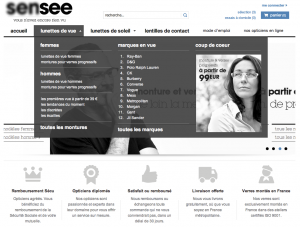 Page d'accueil de Sensee avec son menu survolé