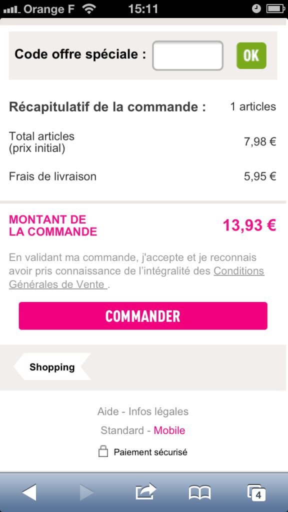 Panier d'achat sur site mobile La Redoute