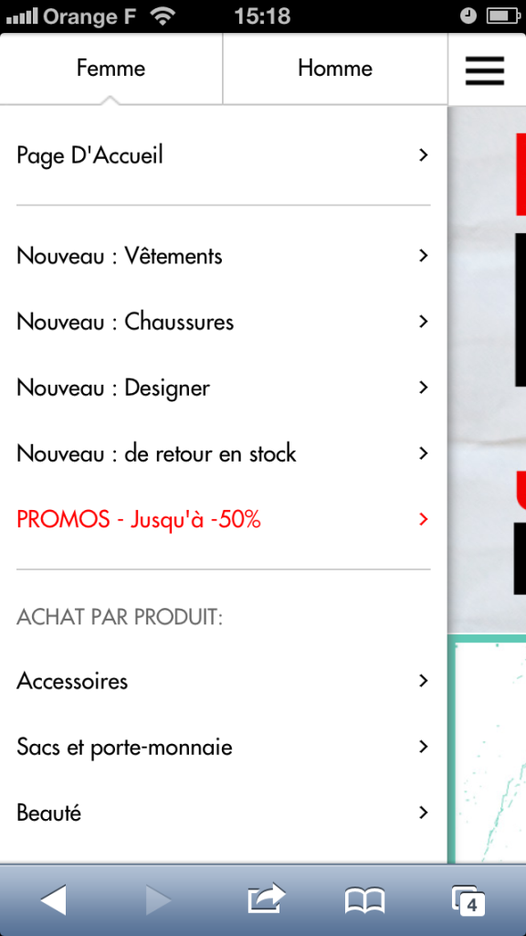 Menu latéral du site e-commerce mobile Asos.fr