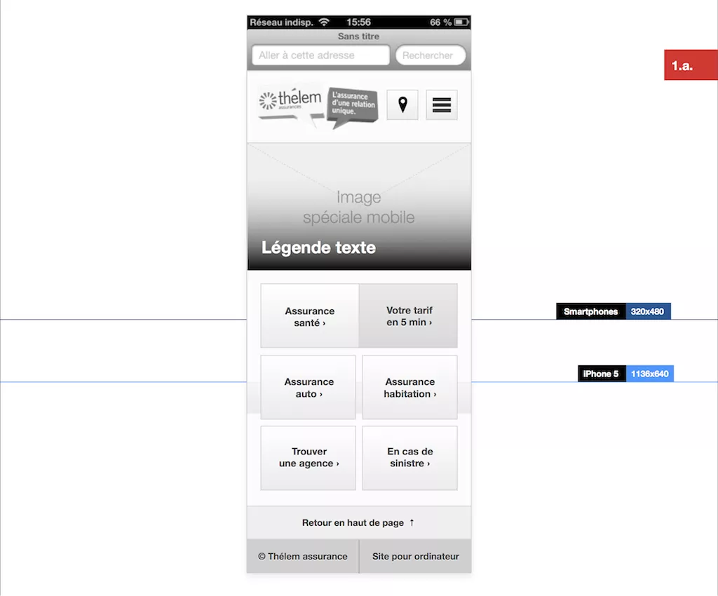 Wireframe de la version mobile du site Thélem assurances