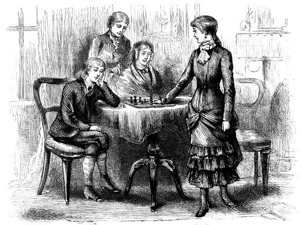 gravure ancienne, femmes autour d'une table jouant aux échecs