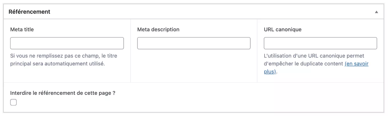 Champs à compléter pour le référencement : métatitre, métadescription et URL canonique et choix de désindexer la page