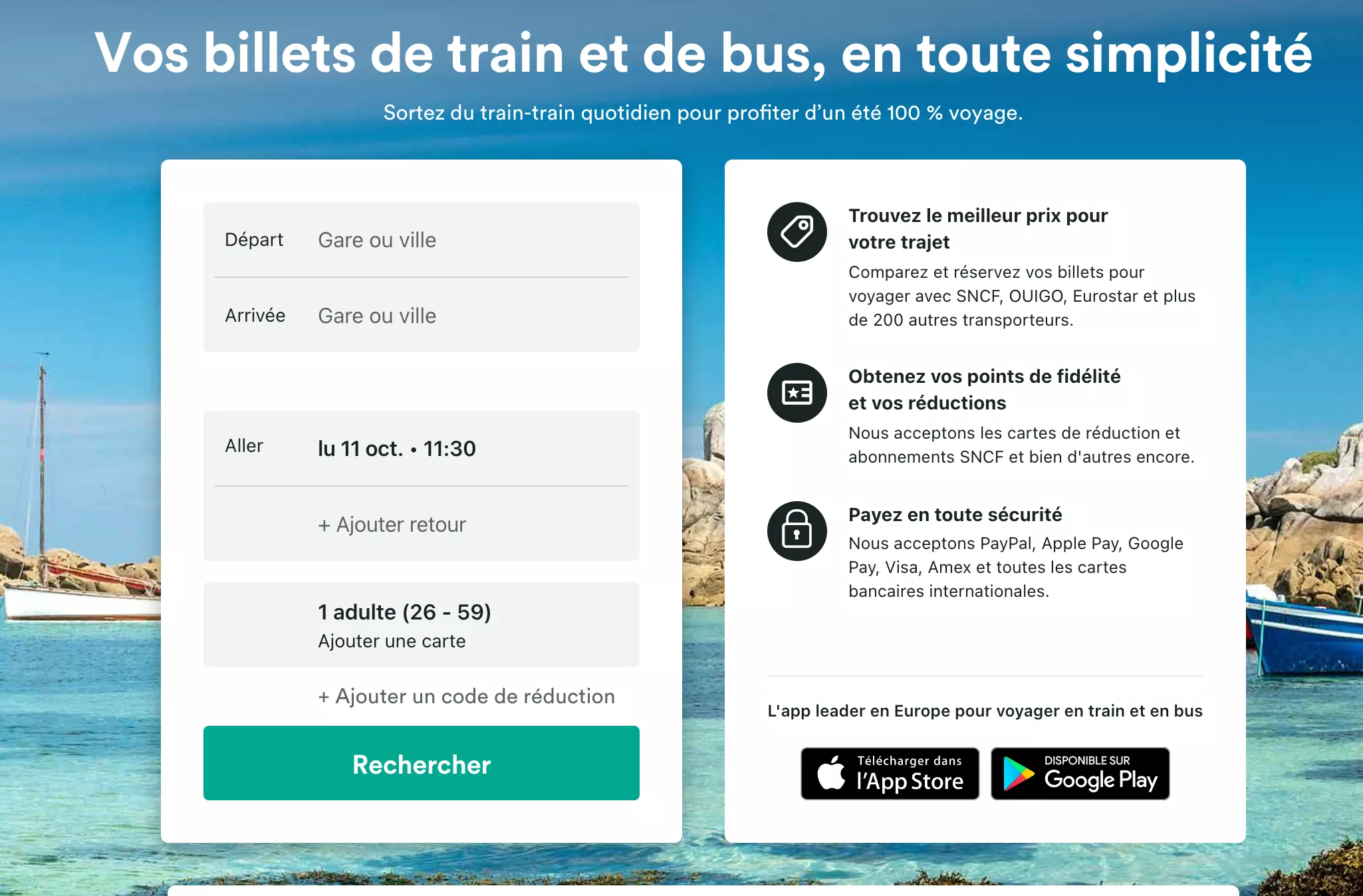 Page d'accueil du site Trainline.