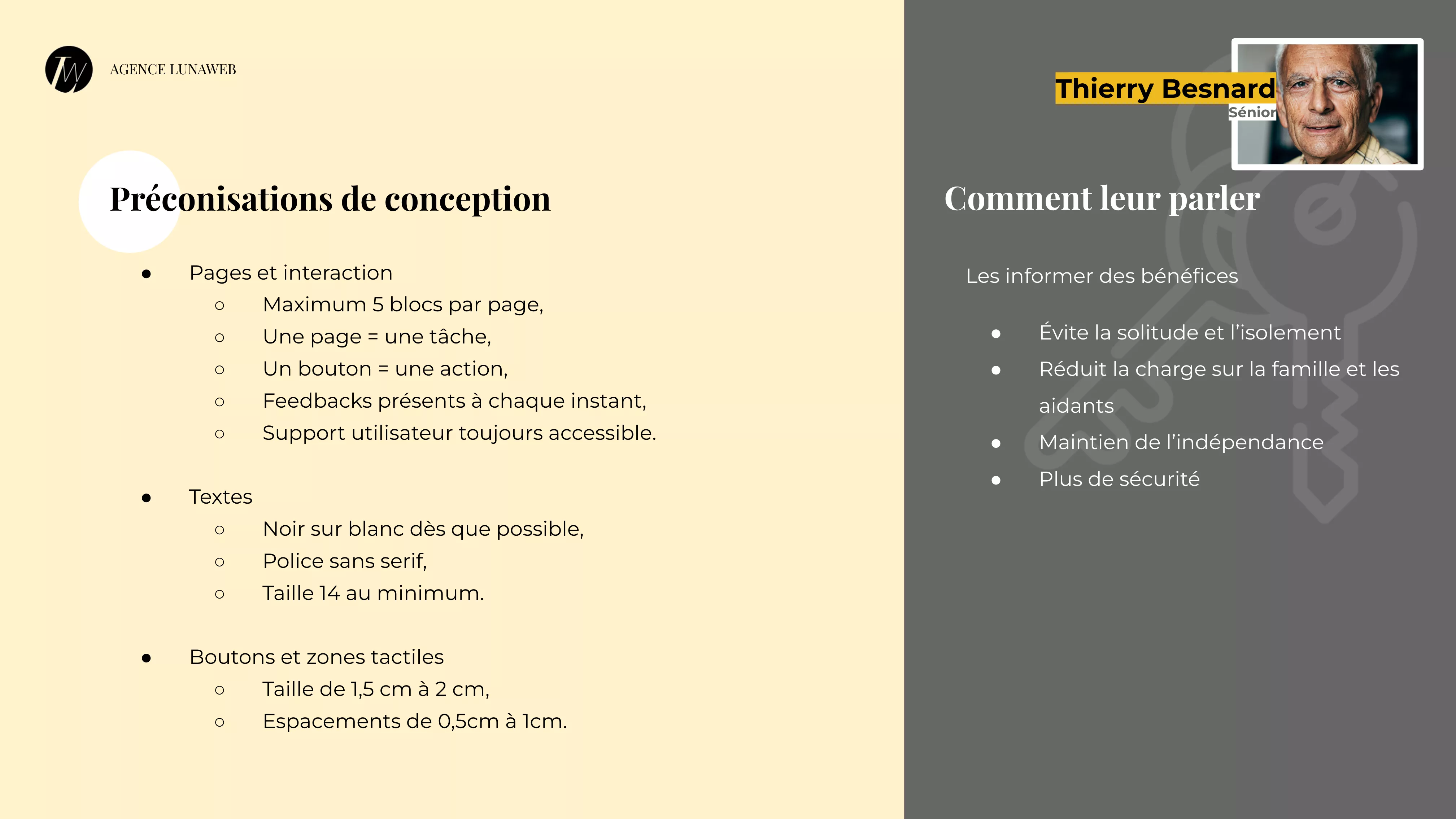 Image du verso d'un persona pour une personne âgée résumant les grands principes à garder en tête.