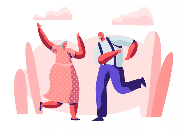 Illustration d'un couple de personnes âgées en train de danser.