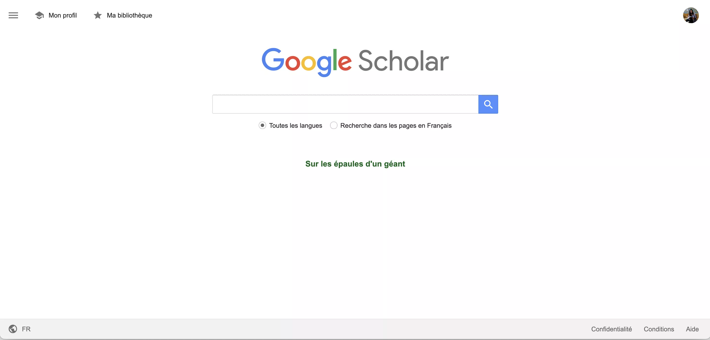 Page d'accueil de Google Scholar