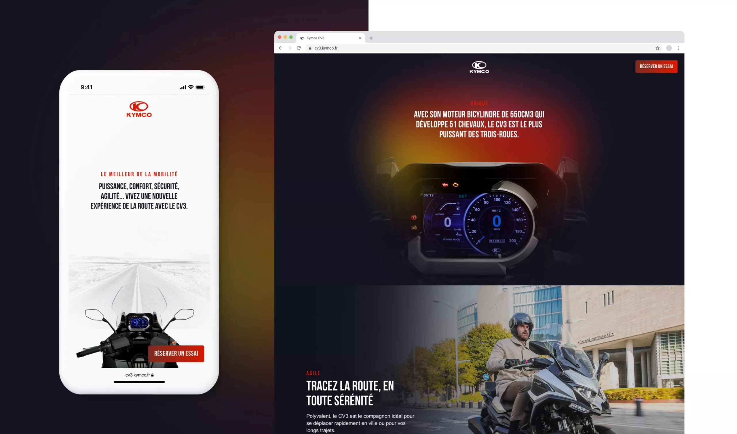 Vues desktop et mobile de la landing page de Kymco pour le lancement du scooter cV3.