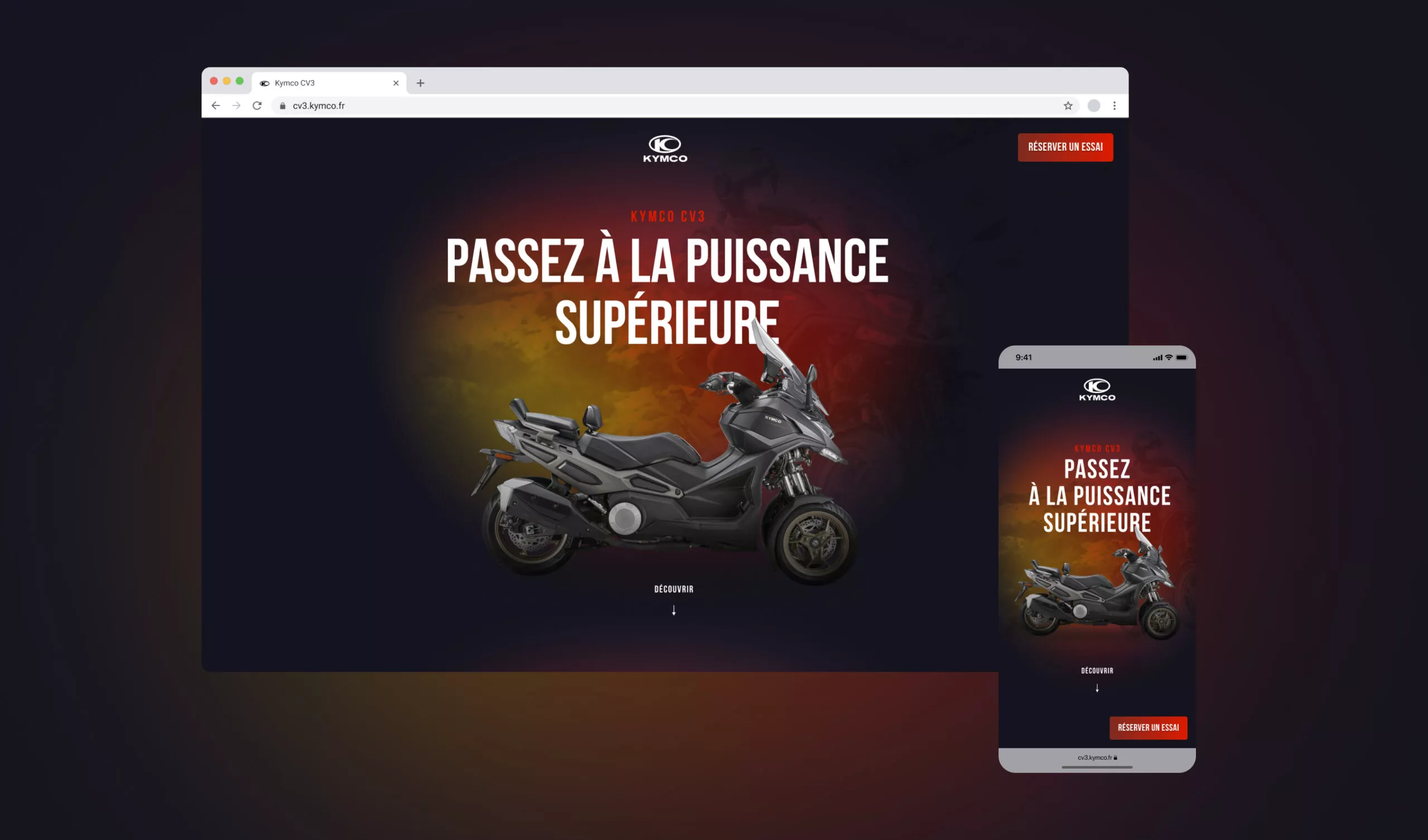 Vues desktop et mobile de la landing page Kymco CV3