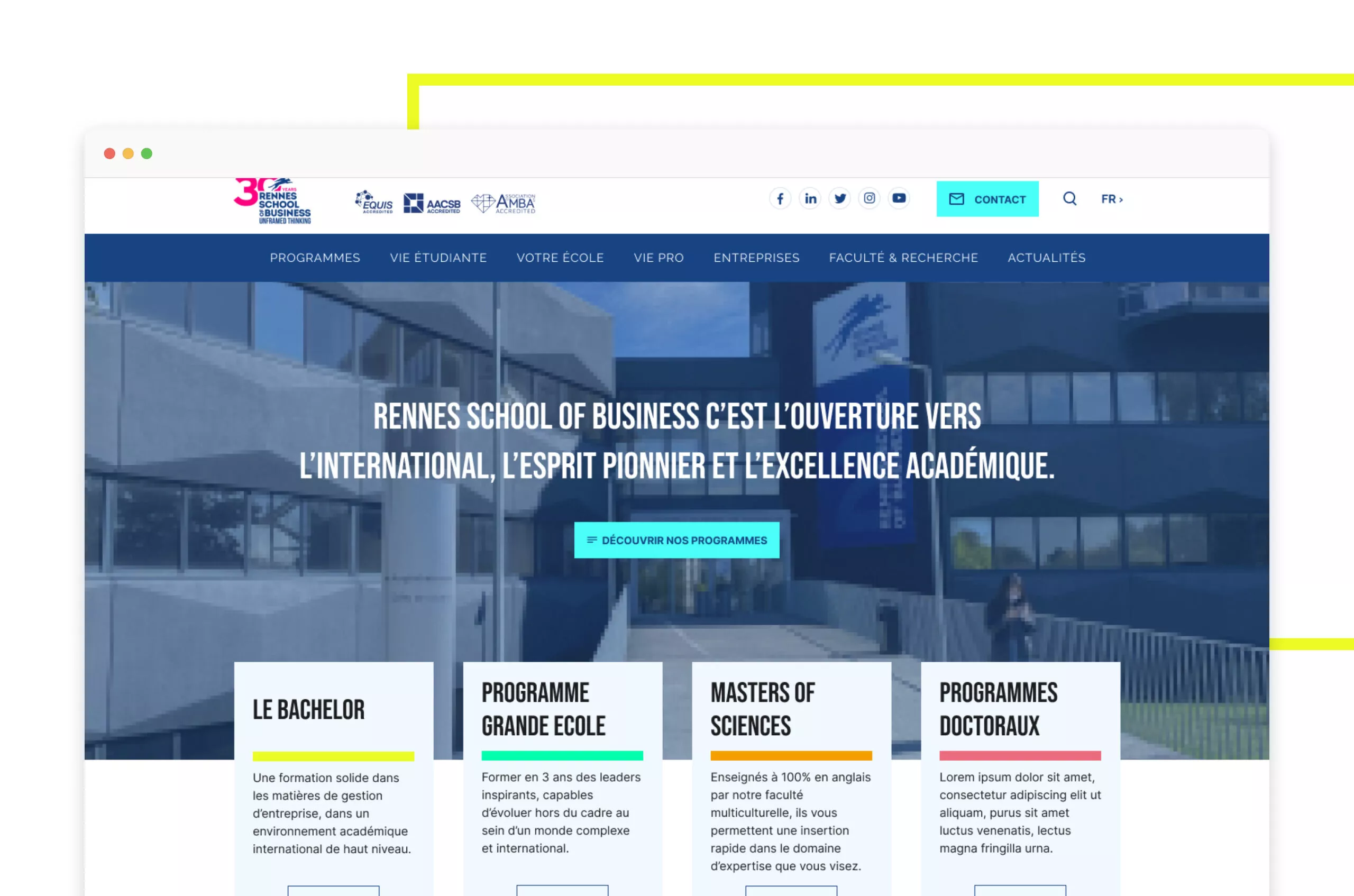 Vue desktop de la page d'accueil du site de Rennes School of Business