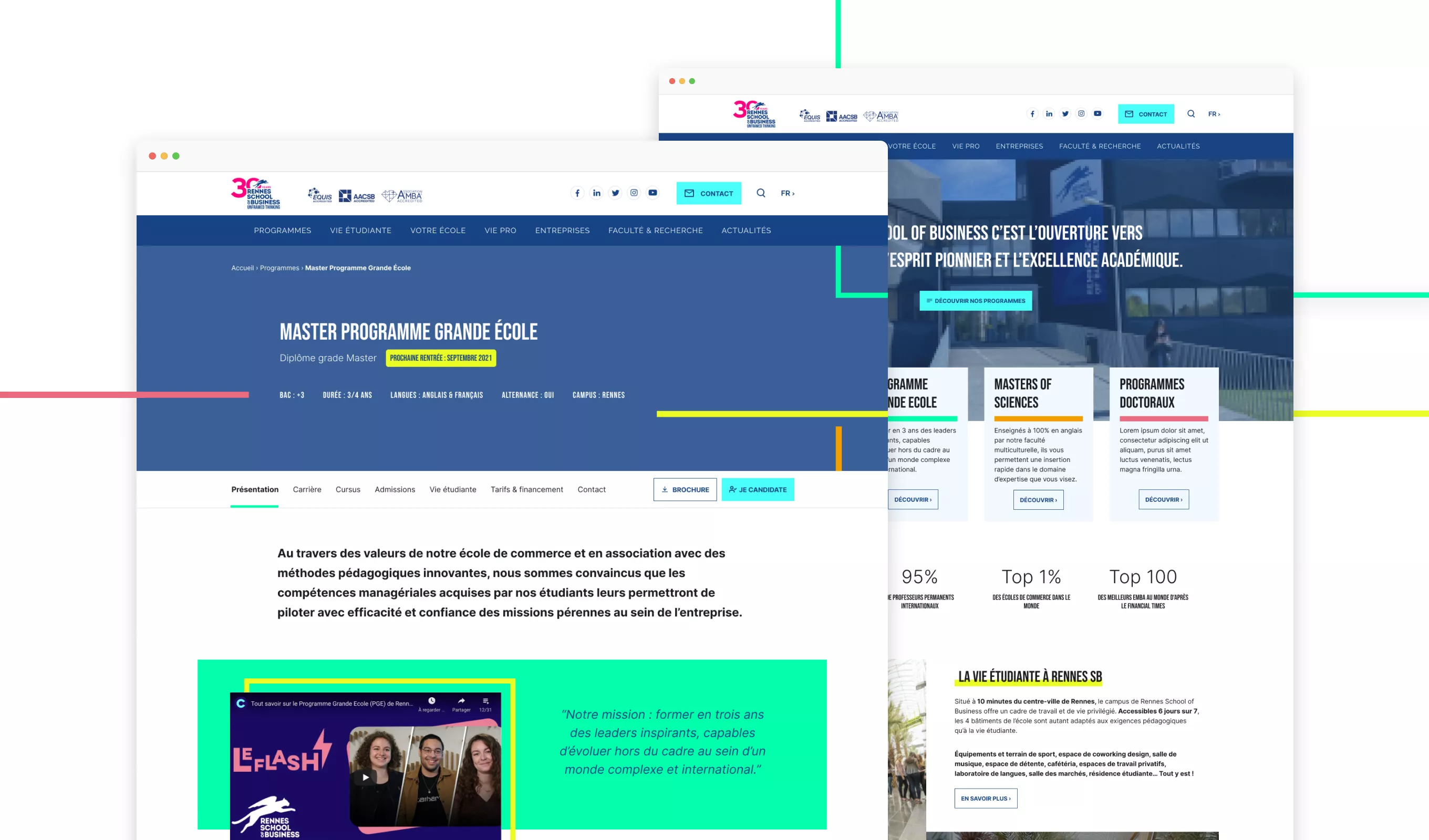 Vues desktop des pages programmes du site de Rennes School Of Business