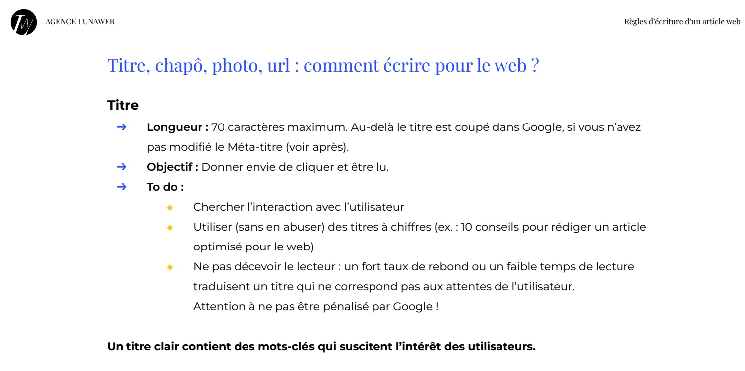 Exemple de règle d'écriture présentée aux équipes de l'ESSFA