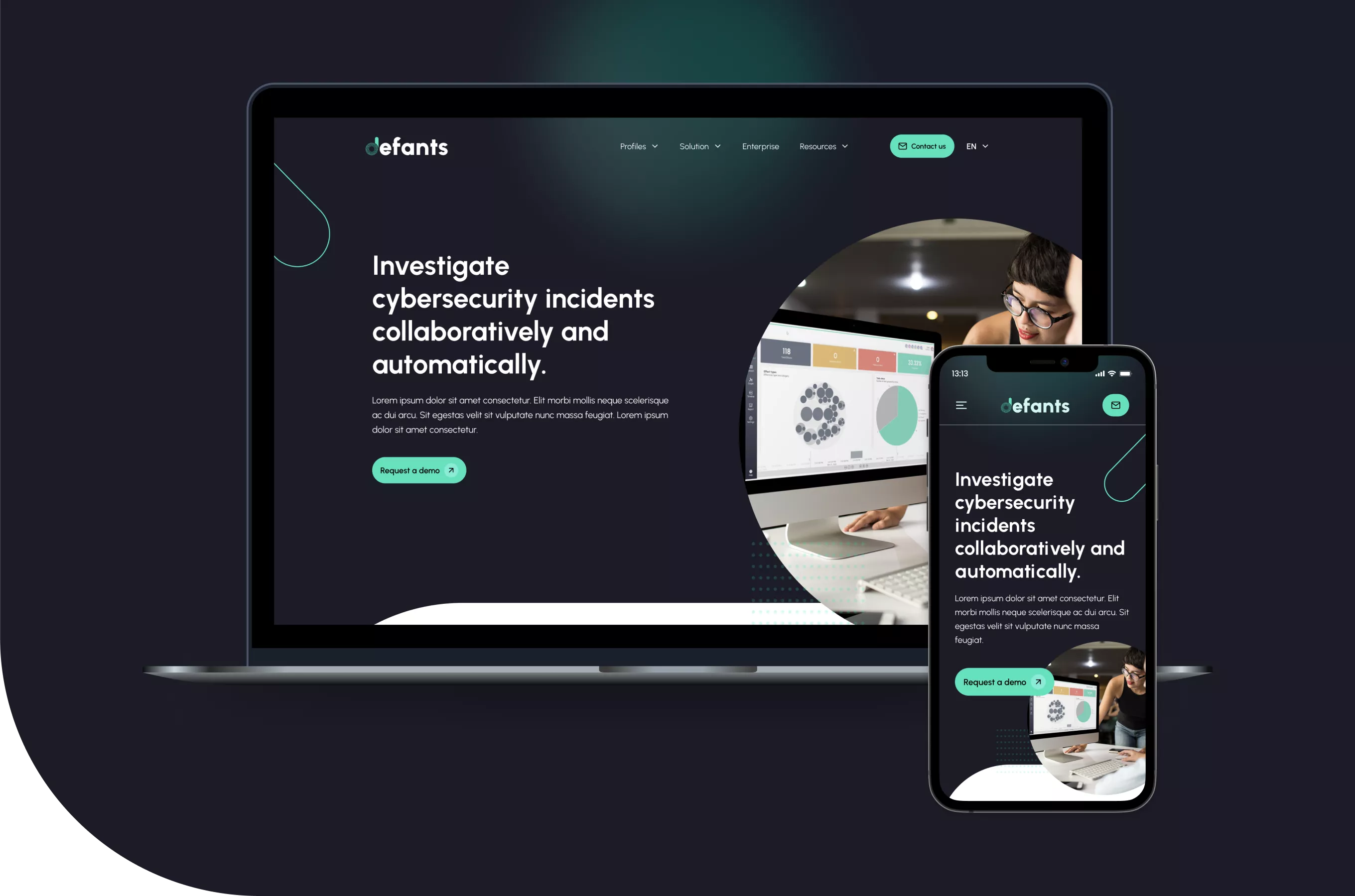 mockup vue mobile et vue desktop de la page d'accueil du site Defants, version anglaise