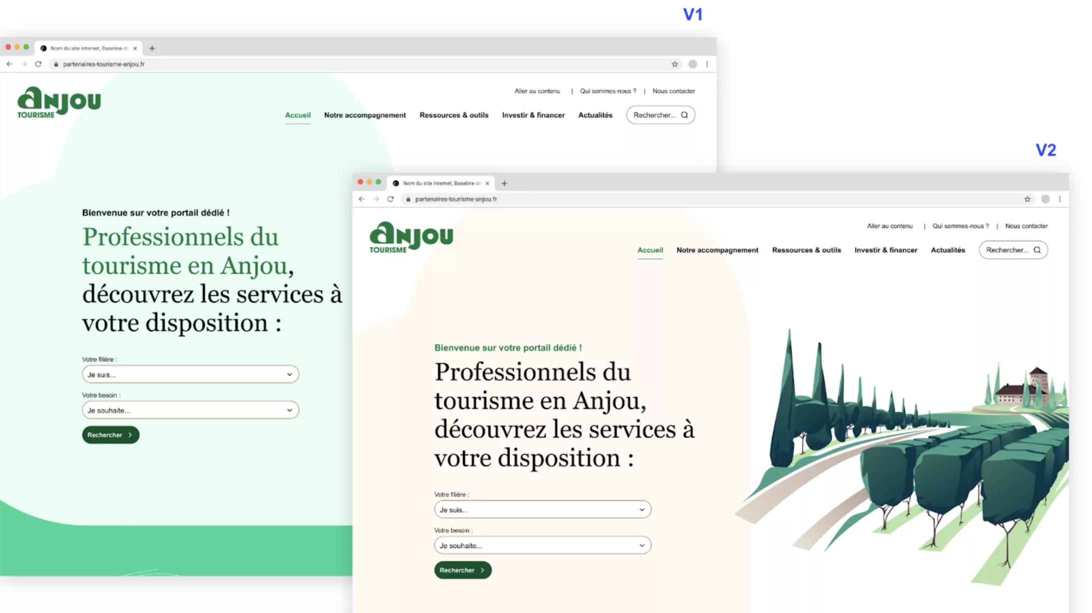 2 captures d'écran d'une même page d'accueil : l'une verte et l'autre jaune clair