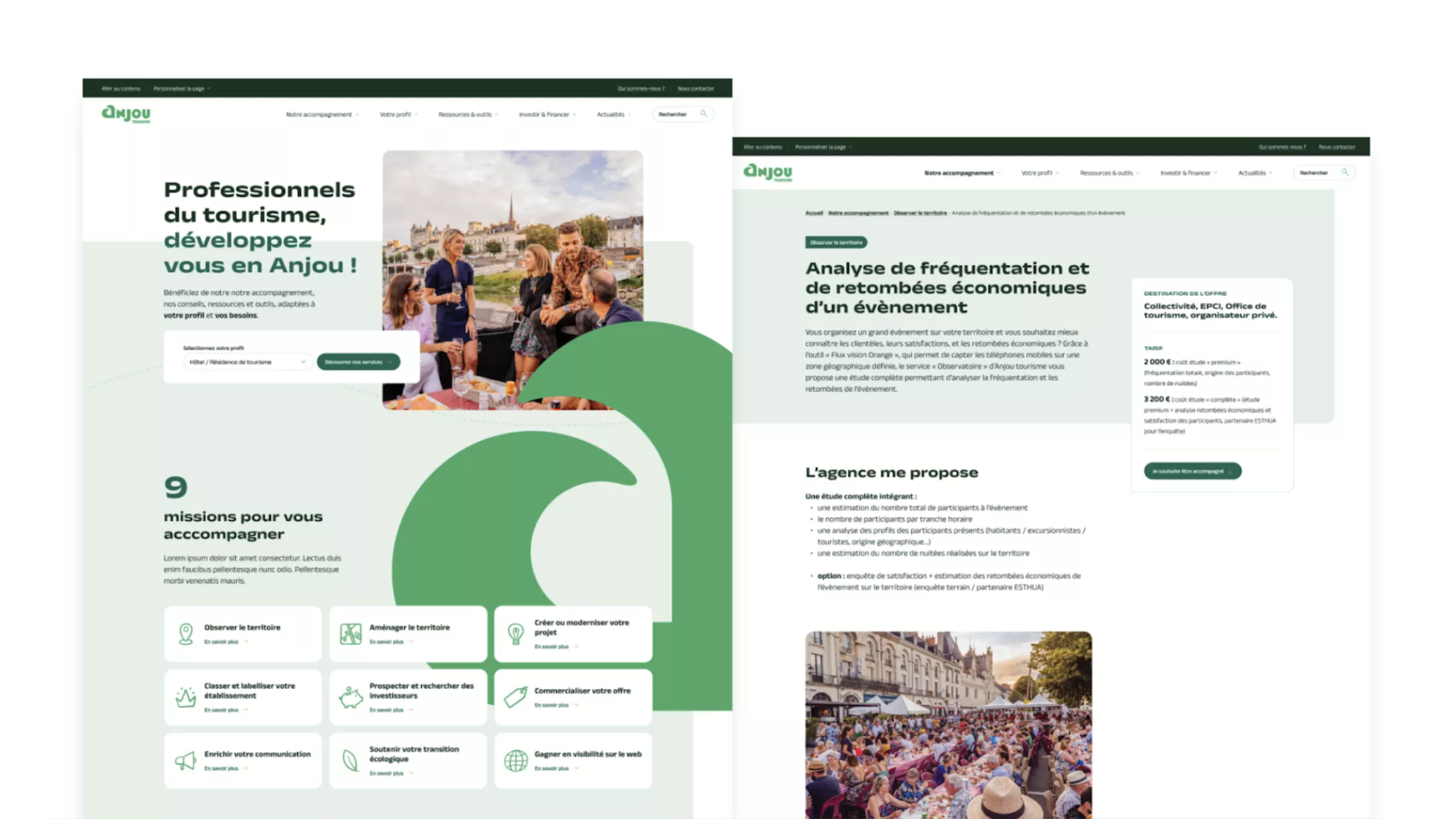 Captures d'écran de 2 pages du futur site Internet Anjou Tourisme dont la page d'accueil