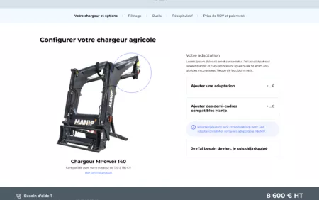 Wireframe d'une étape du configurateur d'un chargeur agricole.