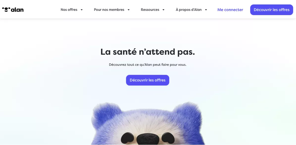 Capture d'écran d'une page du site Alan. Le titre : La santé n'attend pas. La description : Découvrez tout ce que Alan peut faire pour vous. Le bouton d'action : Découvrir les offres. Le visuel : la mascotte de la marque qui apparaît en bas de l'écran.
