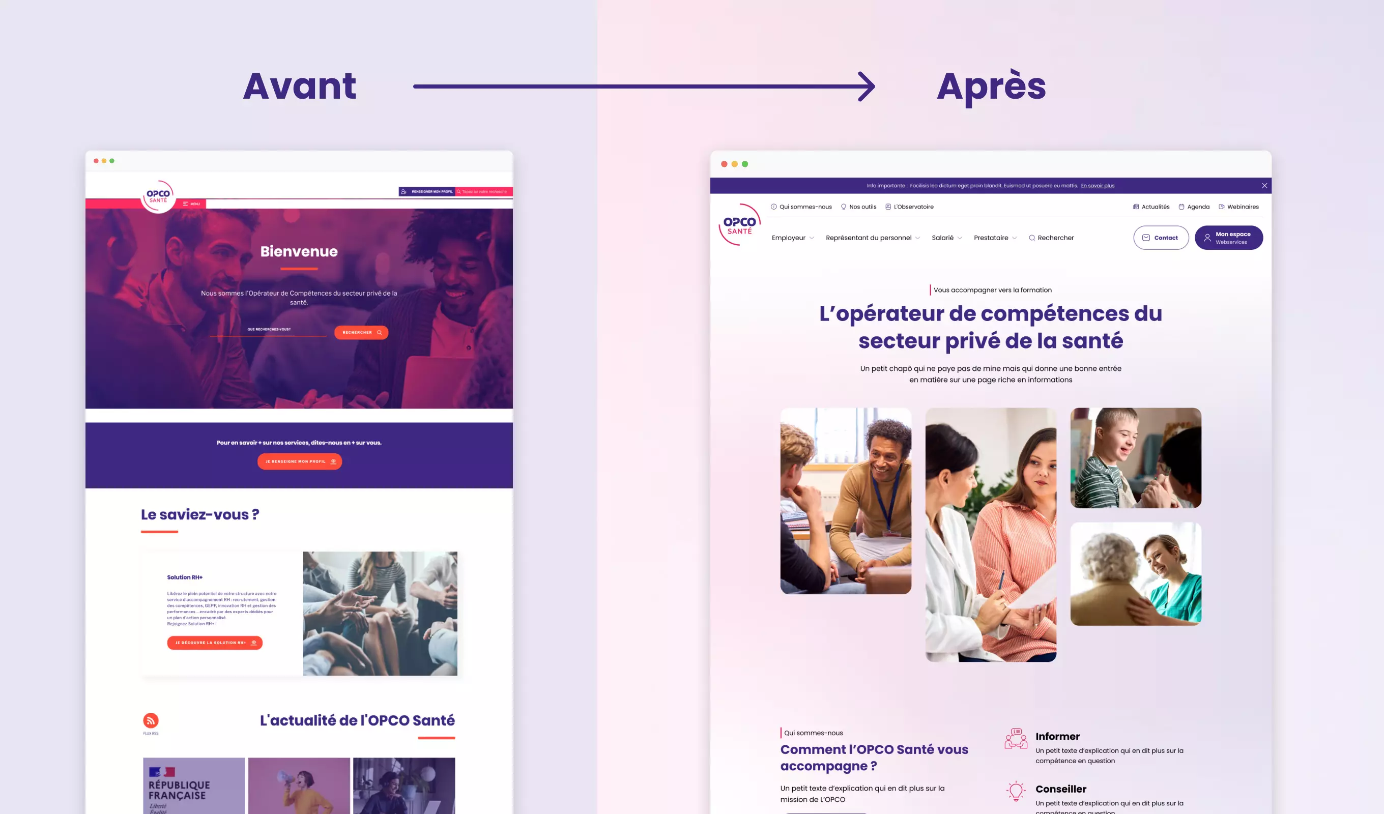 Un avant/après de la charte graphique du site de l'OPCO Santé